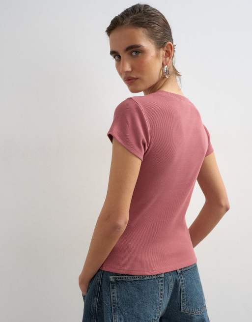 Topshop – Kurzärmliges Oberteil in Beerenrot mit durchgehender Knopfleiste, 4 von 4