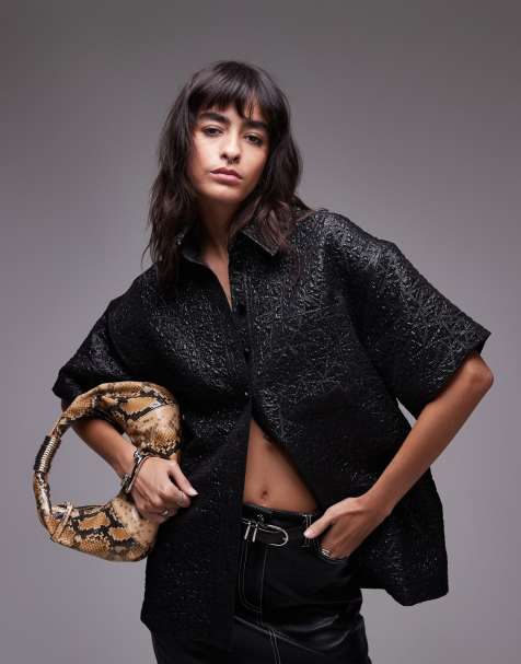 Topshop – Kurzärmliges, strukturiertes Jacquard-Hemd in Schwarz - view 1