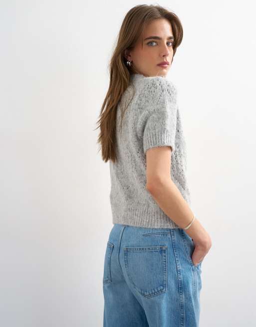Topshop – Kurzärmliges T-Shirt-Oberteil aus Strick in Hellgrau mit lockerer Passform, 3 von 4