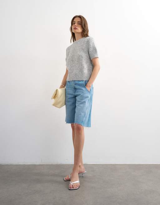 Topshop – Kurzärmliges T-Shirt-Oberteil aus Strick in Hellgrau mit lockerer Passform, 4 von 4