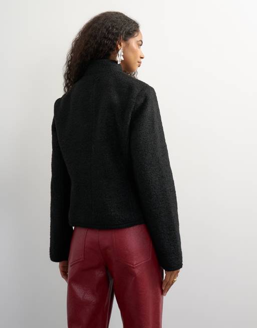 Topshop kurze Bouclé-Mandarin-Jacke mit Frogging in Schwarz, 4 von 4