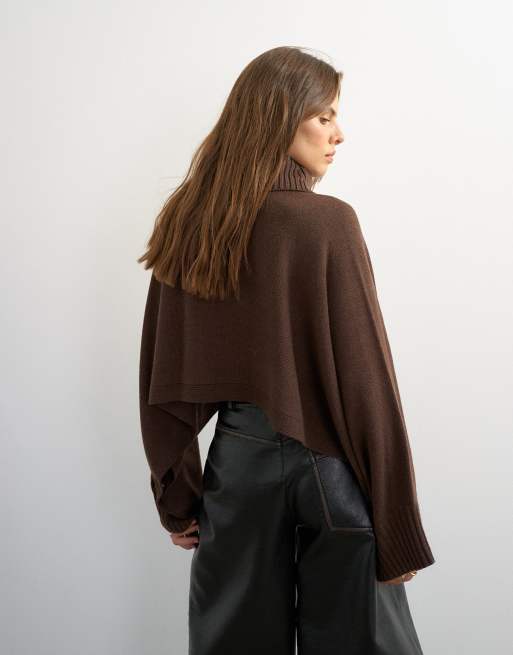 Topshop kurzer Cape-Pullover aus Strick in Schokobraun, 4 von 4