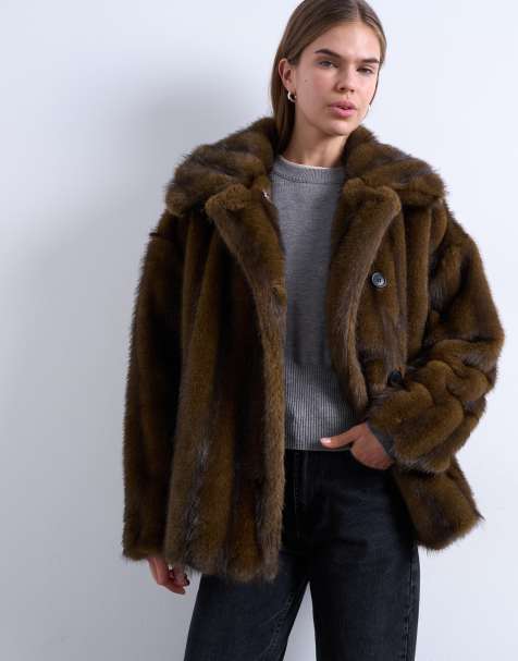 Topshop – Kurzer, gestreifter Car Coat aus Kunstpelz in Natur - view 1