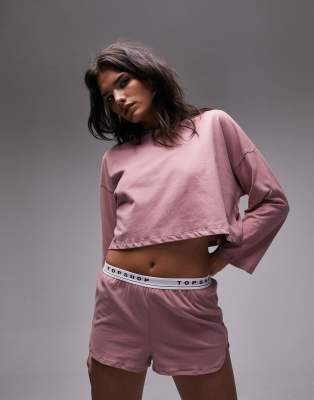 Topshop - Kurzer Jersey-Pyjama in Mauve mit Markenlogo-Lila