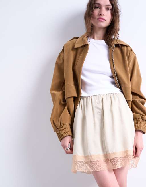 Topshop – Kurzer Petticoat-Rock aus Satin in Austernweiß mit farblich abgesetzter Spitze, 2 von 5