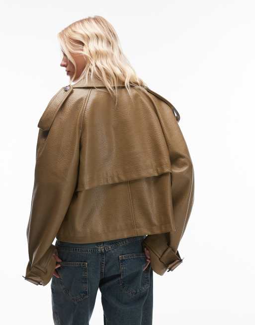 Topshop – Kurzer Trenchcoat aus strukturiertem Kunstleder in Salbeigrün, 3 von 4