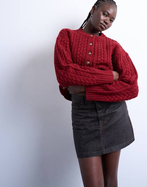 Topshop – Kurzer Volant-Jeansrock in Braun mit Krakelee-Design - view 1