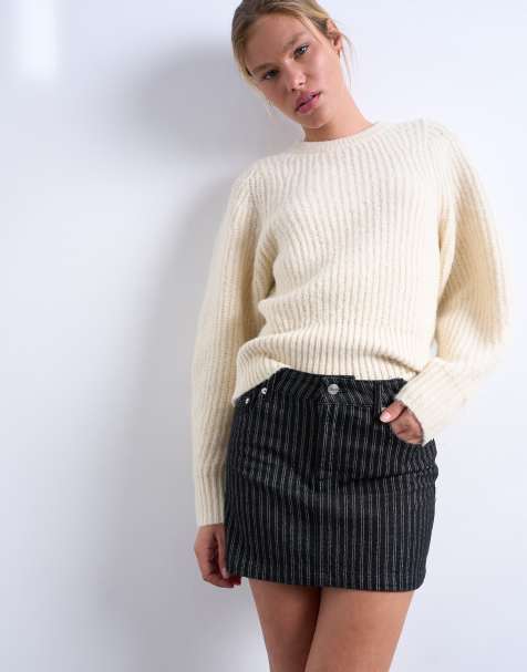 Topshop – Kurzer Volant-Jeansrock in schwarz gestreift - view 1