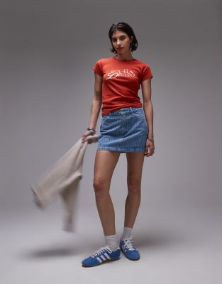 Topshop - Kurzer Volant-Jeansrock mit Bleach-Streifen-Blau