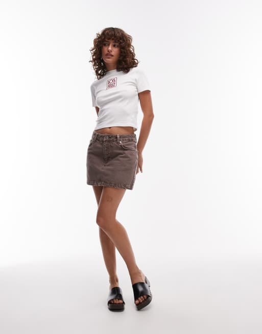 Topshop – Kurzer Volantrock aus Denim mit Waschung in Otterbraun, 5 von 5