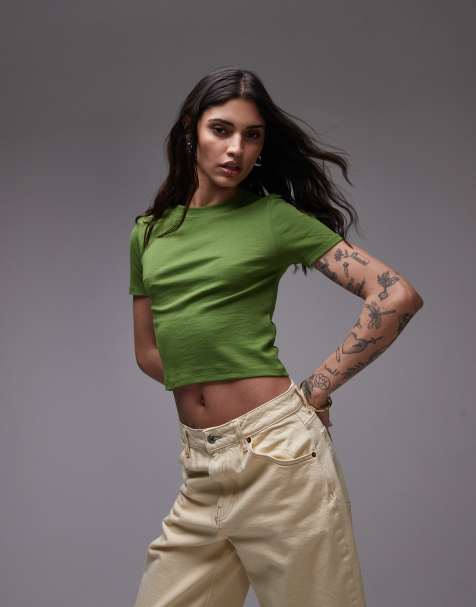 Topshop – Kurzes Alltags-T-Shirt in Olivgrün - view 1