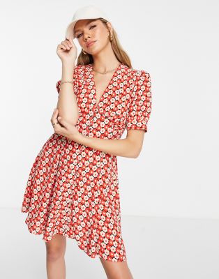 Topshop - Kurzes Freizeitkleid mit Knopfleiste und mehrfarbigem Blumenmuster-Bunt