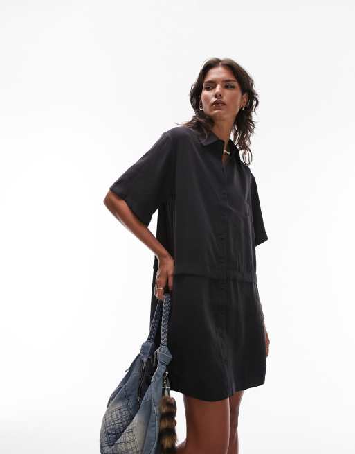 Topshop – Kurzes Hemdblusenkleid in Schwarz mit Oversize-Schnitt 
