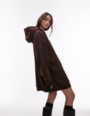 Topshop - Kurzes Kapuzenpulloverkleid aus braunem Sweatshirt-Stoff mit Oversize-Schnitt