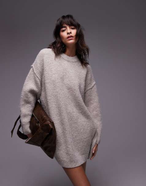 Topshop – Kurzes Oversize-Strickkleid in Hellbeige mit Rundhalsausschnitt und Sichtnaht - view 1