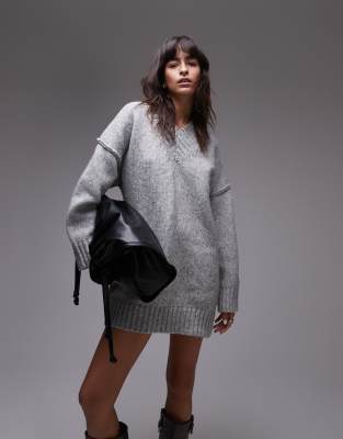 Thumbnail - Topshop - Kurzes Oversize-Strickkleid in meliertem Grau mit hohem V-Ausschnitt