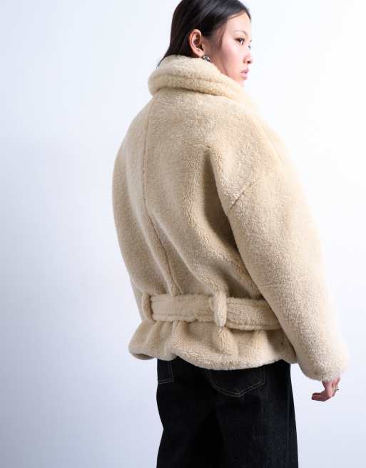 Topshop – Kurzmantel aus Teddystoff in Creme mit Gürtel, 4 von 4