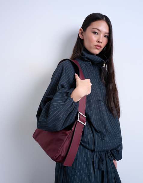 Topshop - Kylie - Borsa a tracolla media in nylon bordeaux con tracolla a contrasto - view 1