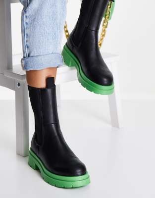 Topshop Kylie chunky chelsea boot in black and green