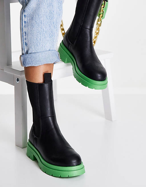 Women Boots/Topshop Kylie chunky chelsea boot in black and green 