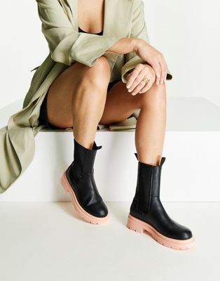 Topshop Kylie chunky chelsea boot in black and peach
