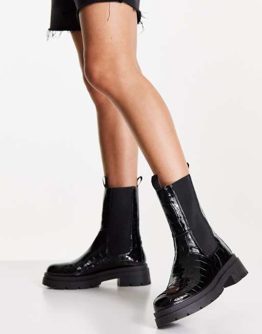 Topshop Kylie chunky chelsea boot in black croc | ASOS