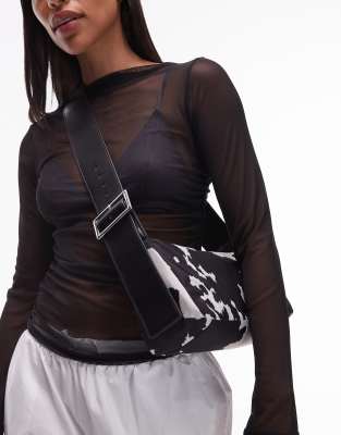 Kylie nylon cross body bag with contrast strap in cow print-Brown