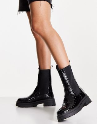 Topshop Kylie chunky chelsea boots in black croc - ASOS Price Checker