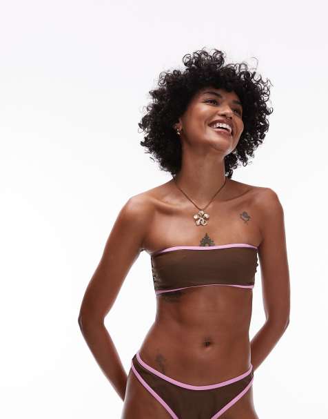 Topshop LA bandeau bikini top in brown and pink - view 1