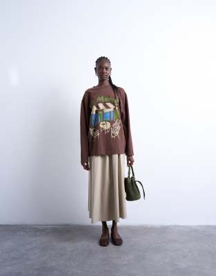 Topshop La Marais Graphic Skater Tee In Brown