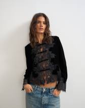 Topshop lace applique velvet blouse in black