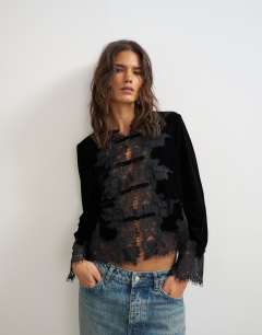 Lace applique velvet blouse in black