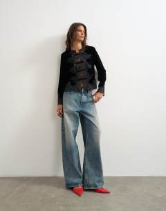 Model wearing Lace applique velvet blouse in black