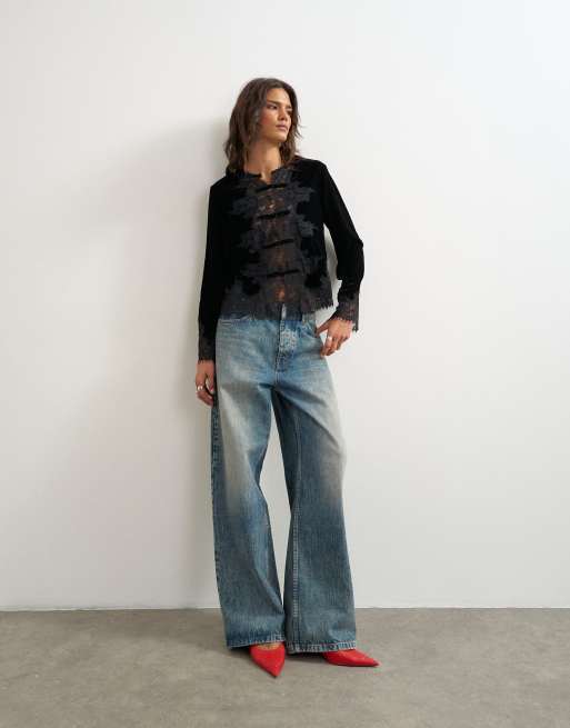 Topshop lace applique velvet blouse in black, 2 of 4