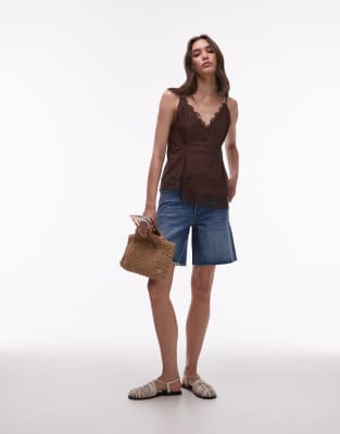 Topshop Lace Asymmetric Hem Cami Top In Brown