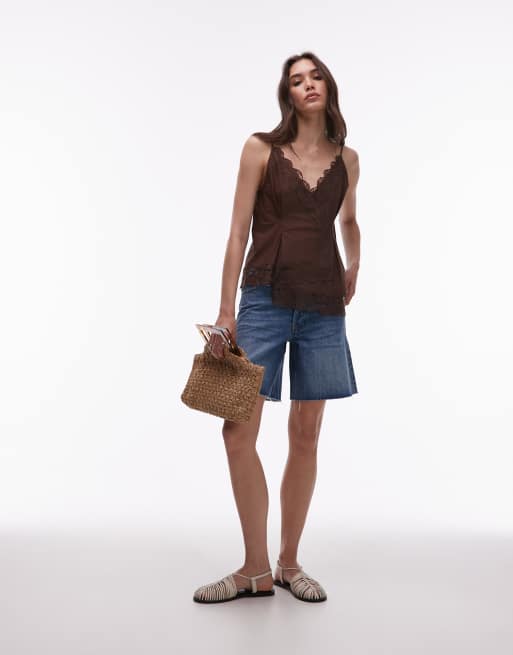 Topshop lace asymmetric hem cami top in chocolate