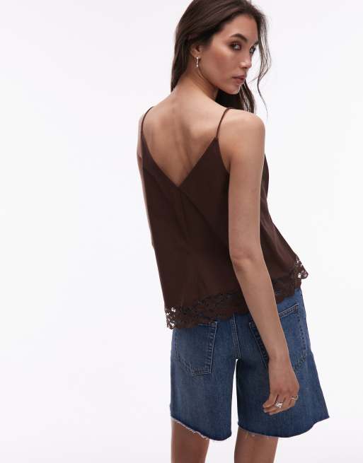 Topshop lace asymmetric hem cami top in chocolate