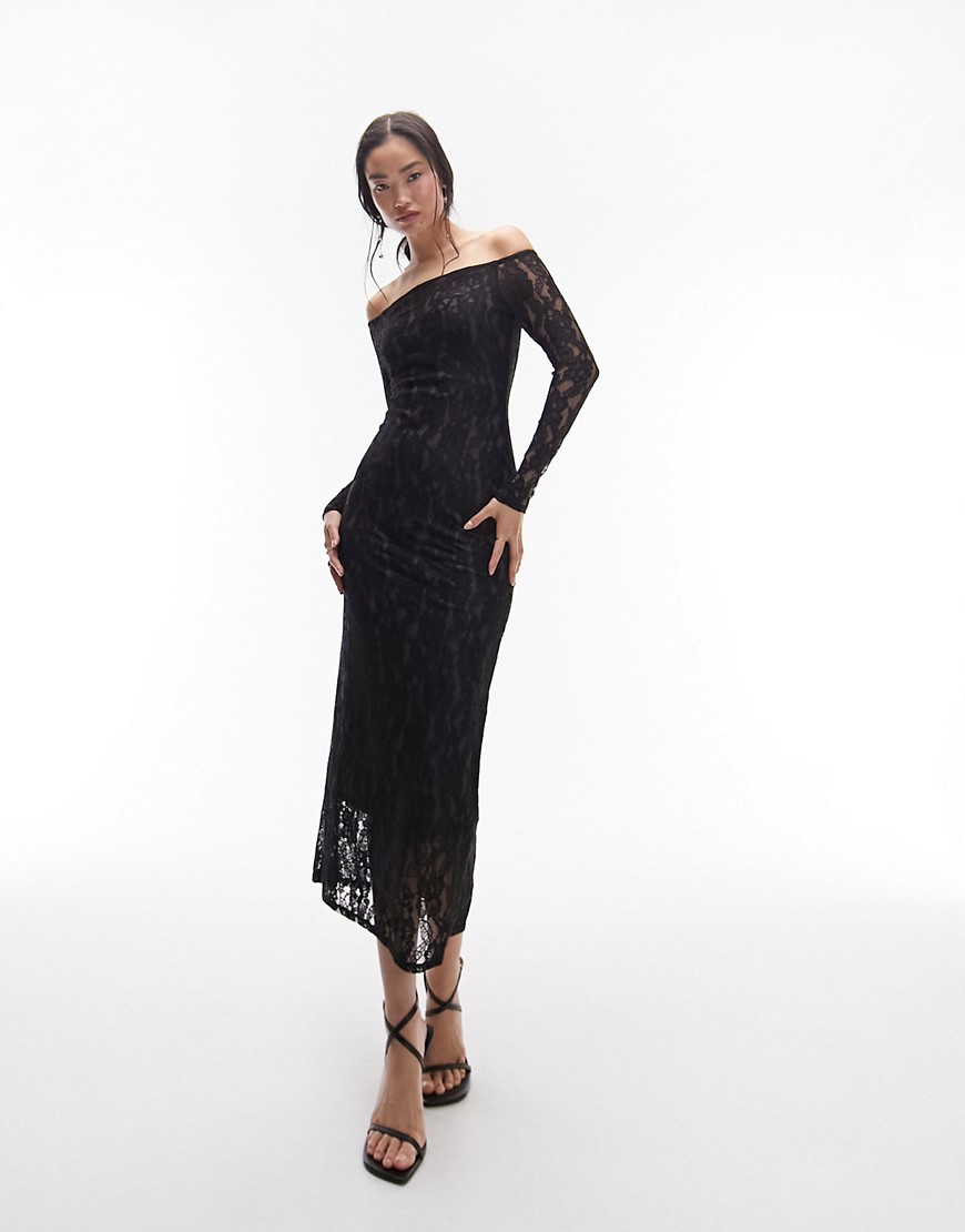 Topshop lace bardot long sleeve midi dress in black