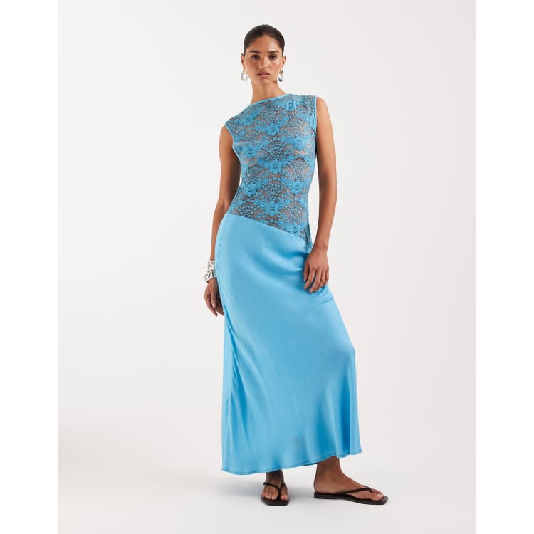 Topshop lace body maxi occasion dress in turquoise-Blue