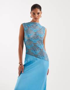 Model wearing Lace body maxi occasion dress in turquoise
