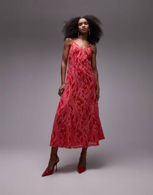 topshop red dress lace TopShop Red Floral Appliqu Sheer Dress