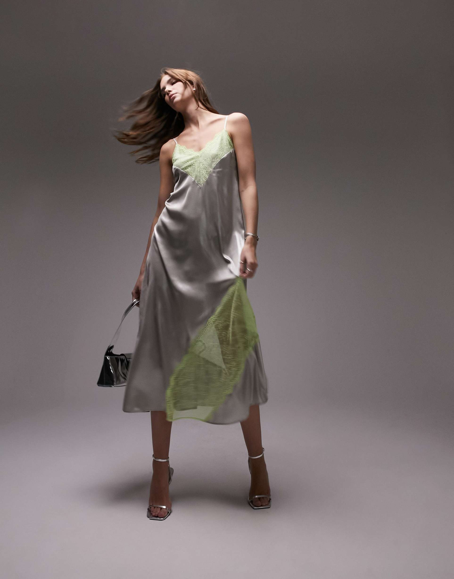 topshop lace cami midi dress in silver and lime