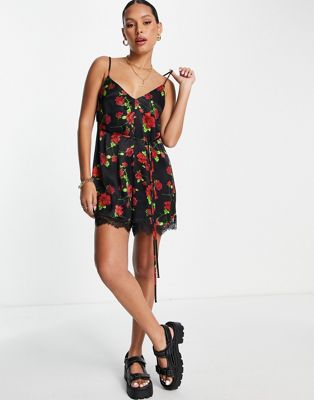 Topshop lace cami playsuit in rose print