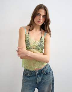 Lace cami top in lime green with blue tipping
