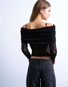 Model wearing Lace deep fold bardot long sleeve top in black