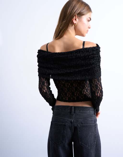 Topshop lace deep fold bardot long sleeve top in black, 2 of 4