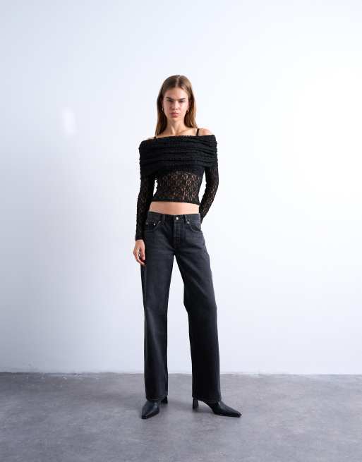 Topshop lace deep fold bardot long sleeve top in black, 4 of 4