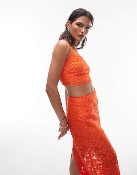 Topshop lace detail cropped top in orange - part of a set - view 1
