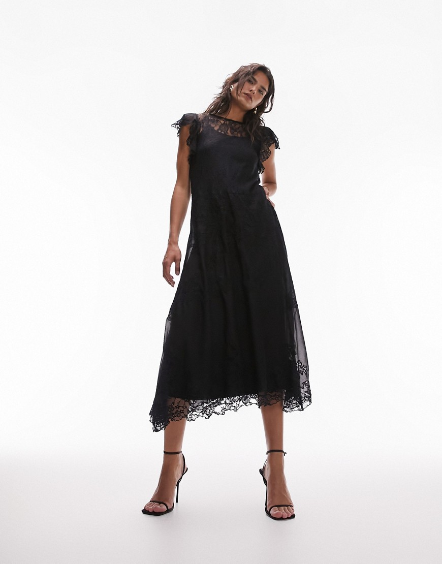 Topshop lace detail short sleeve midi dress in black