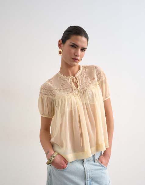Topshop lace detail short sleeve top with tie in ivory - view 1